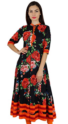 Bimba Indien Kurti Coton Noir Kurta col Mandarin Anarkali Robe Ethnique Floral