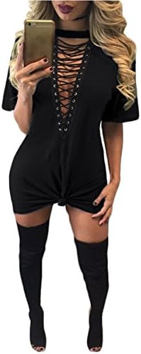 XTfeng Women's Sexy Halter Lace up V Neck T Shirt Casual Club Dreess