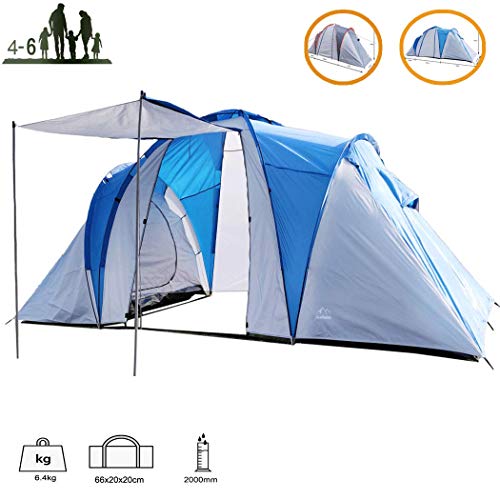 Campmore Vis-A-Vis Tunnelzelt 4/6 Personen, Campingzelt, Kuppelzelt, Familienzelt, wasserdicht WS 3,000mm Blau
