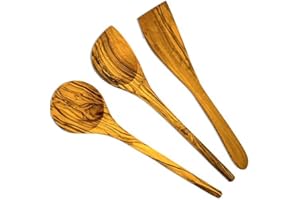 MOHA 24 - Juego de 3 cucharas de cocina de, de madera de olivo, redondas, con esquina y espátula