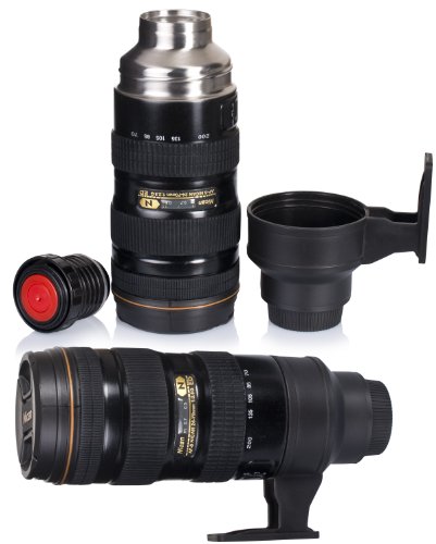 VENKON – Hochwertige Isolierflasche aus gebürstetem Edelstahl mit Druckknopfverschluß und abschraubbarem Trinkbecher im Kameraobjektiv / Foto Objektiv Design – Fassungsvermögen: 500ml, schwarz - 9