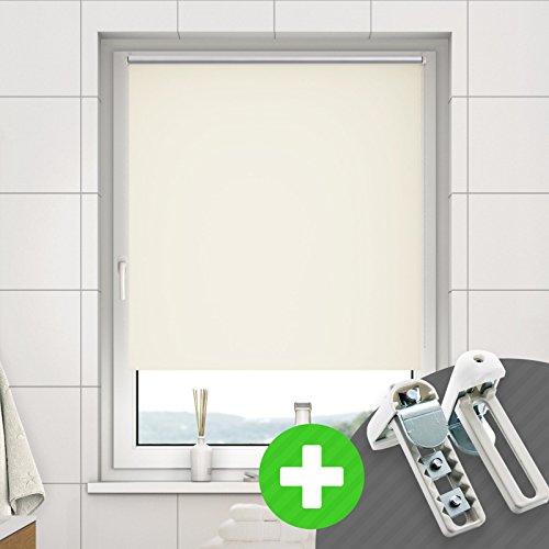 DESWIN Rollos - Set: Verdunkelungsrollo + Premium-Klemmhalter - 105 x 160 cm ALTWEISS - (KlemmFix Rollo mit Metallkette, Klemmhaltern, Rollo-Magnete, Halter zum Schrauben)