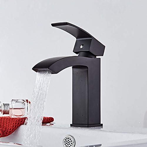 QUSLT The Hot And Cold Basin Faucet Bathroom Faucet Copper Paint Basin Pure Black Matte Waterfall Basin Faucet,Low Black