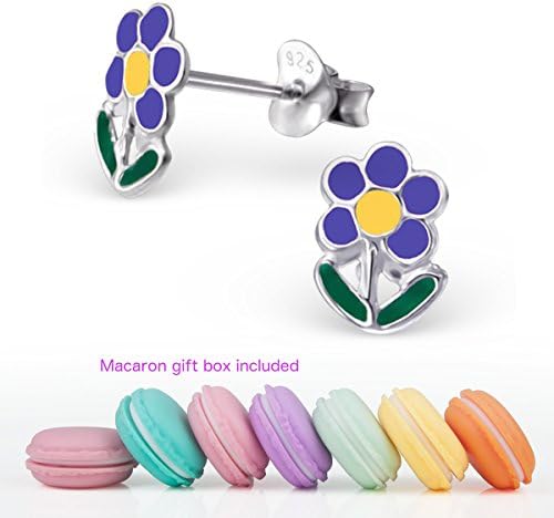 CuteCachoo - Mini macaron gift box included! Childrens / women's blooming flower ear studs. There colours available. Quality sterling silver earrings for kids or adults. (Purple &amp; yellow)