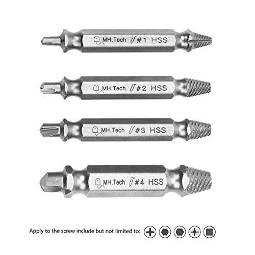 MHtech 4-Teilig Schraubenausdreher-Set zum Entfernen Beschädigter Schrauben Schraubenentferner, Bohrwerkzeuge Schraubenlöser Werkzeug Bit-Set aus H.S.S. 4341#, Härtegrad: 62-63hrc - 2