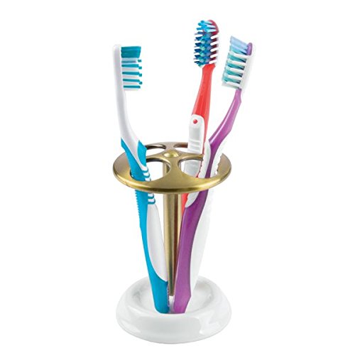 InterDesign 69218EU York Zahnbürstenhalter für das Bad Waschtisch – weiß/Messingfarben, Keramik, weiß/soft brass, 8,26 x 0.254 x 12,7 cm - 3