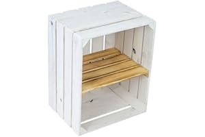 ‎KISTENKOLLI ALTES LAND flambierte/geflammte Bücherregal - Schuhregalkiste mit Zwischenbrett/Mittelbrett Einlage ca 50x40x30cm / Apfelkisten Weinkisten Holzkisten aus dem Alten Land (Weiss MIT GEFLAMMTER Einlage QUER)