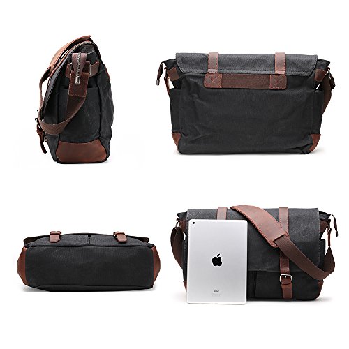 Messenger Bag H-ANDYBAG Waxed Canvas Schwarz Crossbody Arbeiten Schultertasche Passt 15 Zoll Laptop