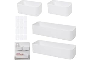 LANSKYLAN 4 Pcs Panier Rangement Plastique Autocollant Petite Boite Rangement Plastique Ouvert Bac Plastique Rangement Panier de Rangement Organisateur pour Salle de Bain Cuisine Tiroir Placard, Blanc