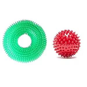 Kiki N Pooch Rubber Chew Dog Toy Combo Squeaky Spiked Ring + Hard Spike Red Ball (Color May Vary)