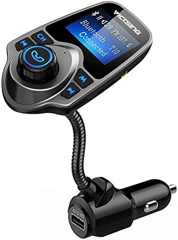 VicTsing Bluetooth FM Transmitter, Wireless In-Car Radio Adapter Hand-free Talking Car Kit with USB Car Charger AUX Input 1.44 Inch Display TF Card Slot for Apple iPhone iPod iPad Samsung Huawei Android LG HTC Nexus Smartphone etc.- Grey