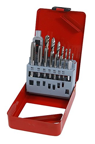 PTI 15pcs Threading Taps Set Metric M3-M12 Alloy Steel Hand Thread Repair Tools with Tap Wrench, HSS Twist Drill Bits Heavy Duty Jobber Drills Kit 2.5-10.2mm in Red Metal Storage Case