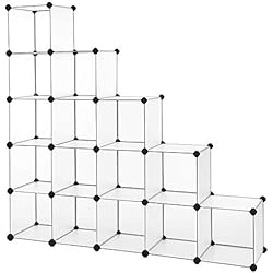 SONGMICS Armoire à Chaussures modulable, en Plastique, Meuble de Rangement, Penderie, 16 Cubes Ouverts, pour Vêtements, Jouets, Sacs, Blanc Semi-Transparent LPC44L