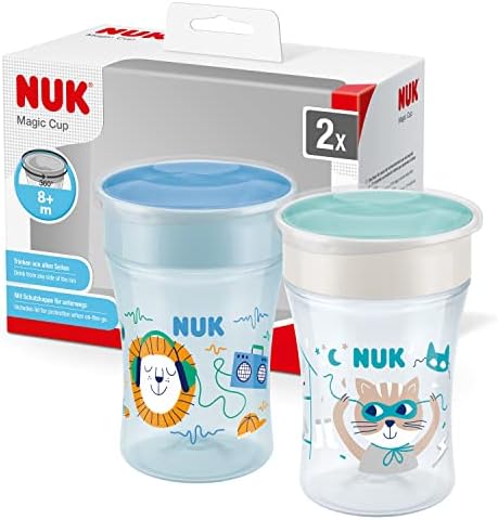 NUK Magic Cup bicchiere antigoccia | Bordo anti-rovesciamento a 360° | 8+ mesi | Senza BPA | 230 ml | Blu | 2 pezzi