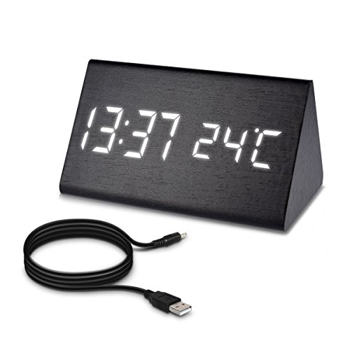 kwmobile Wecker Digital Uhr aus Holz dreieckig groß mit Geräuschaktivierung, Temperaturanzeige und Tastaktivierung in schwarz mit weißen LEDs - 5