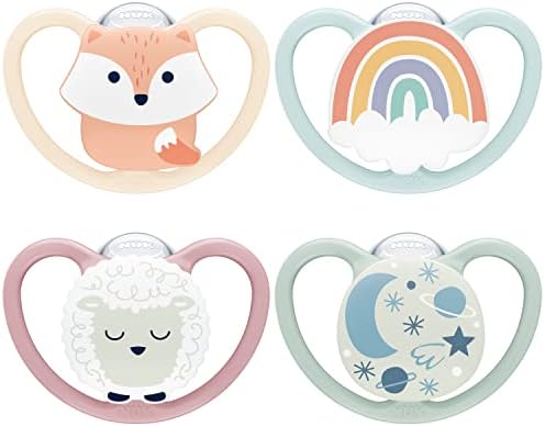 NUK Space Day & Night ciuccio | 0-6 mesi | Succhietti che si illuminano al buio con ventilazione extra per pelli delicate | Silicone senza BPA | Volpe & Pecora | 4 pezzi