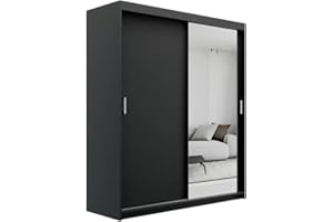 ELUKS OVI Double Sliding Doors Wardrobe with Mirror Furniture for Bedroom Living Room and Hall Wardrobe Organizer Width 100cm/120cm/150cm/180cm/200cm (Black, 150cm)