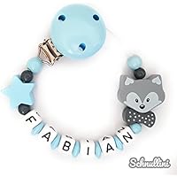 💙 Schnullerkette mit Namen Gravur Fuchs mit Schleife Stern Geburt Taufe Geschenk Silikonring individuell Blau Grau | Junge Mädchen Namenskette