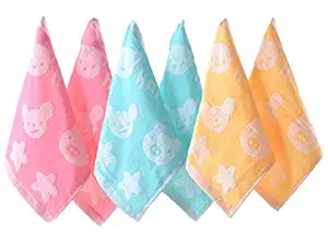 Uber World Baby Boys and Baby Girls Cotton Handkerchief Cum Nursing Towel (Yellow, Pink, and Cyan, 25 X 25 Cm) - Set of 6