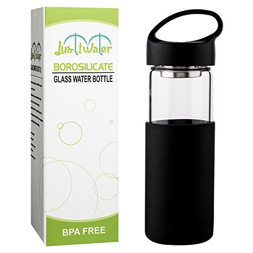 Justfwater Bottiglia di acqua di vetro con custodia in silicone con infusore di frutta, Filtro per tè - 450 ml, Nero , 450 ml
