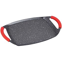 MGE - Plancha/Poêle Grill - Plaque Anti-Adhésive - Plaque de Cuisson - Effet Pierre avec Poignées en Silicone - Induction - 36 x 23 cm
