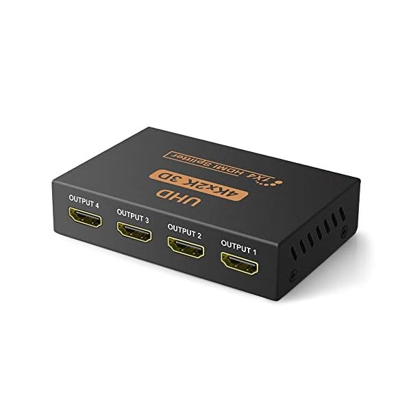 VKBAND HDMI-Splitter 1-in-4-Ausgang V1.4-betriebene 1x4-Port-Box unterstützt volle Ultra HD 1080P 4K / 2K- und 3D-Auflösungen (1 Eingang auf 4 Ausgänge)