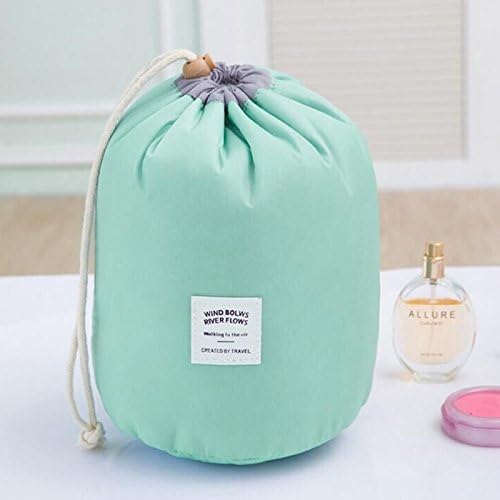 Barrel Shaped Travel Cosmetic Bag Nylon High Capacity Drawstring Drum Wash Bags Makeup Organizer Storage (Mint Green)
