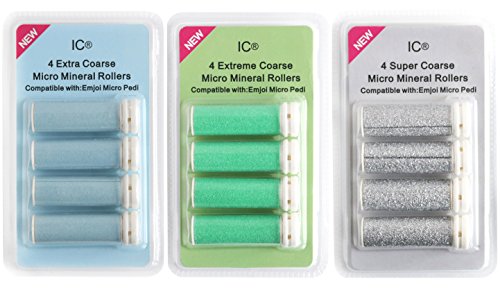 12 x Mikro-Mineral Ersatzrollen für die Emjoi Micro-Pedi 4x Extra, 4x Extreme & 4x Super Grobe Replacement Rollers Compatible With Emjoi Micro Pedi Rollen Ersatzrollen für Hornhautentferner Emjoi Micro Pedi,extra, super & extrem rau, blau, grün & silber, 12 Stück - 2