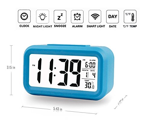 LED Digitaler Wecker VPOWER® Großer Display, Schlummertaste, Datumsanzeige, Temperatur und Sensor Licht Blau - 2