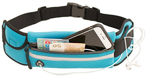 Laufgürtel Esportista (wasserabweisend & verstellbar) für Handy, Smartphone (6 Zoll), Schlüssel, Geld - Hüfttasche mit Reißverschluss, Kopfhörerausgang und Flaschenhalter (Trinkgurt) - Farbe blau
