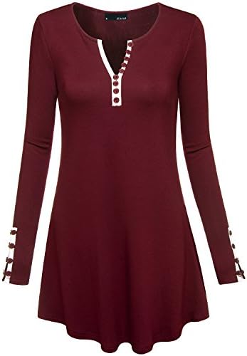 Miurus Plus Size Tunics For Women, Fashion Longline V Neck Long Sleeve Flowy Hem Henley Tunic Shirt Tops With Buttons Decorations XX Large Wine Red