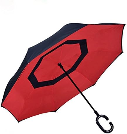 AIGUMI Waterproof Reverse Folding Double Layer Inverted Umbrella, Self Standing Inside-Out, C-Shaped Free Hand Handle Blue Sunny Sky Long Inverted Travel Umbrella (Red and black)