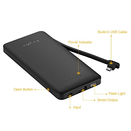 EasyAcc 6000mAh Ultra-sottile Batteria Esterna Smart Output Power Bank Caricatore Portatile ad con Built-in cavo Micro USB per Smartphone - Nero