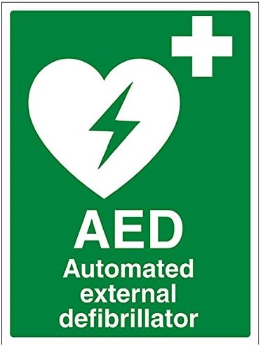 VSafety 31033BC-S "AED Automated External Defibrillator" First Aid General Sign, Self Adhesive, Portrait, 300 mm x 400 mm, Green