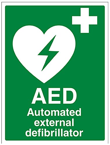 VSafety 31033BC-S "AED Automated External Defibrillator" First Aid General Sign, Self Adhesive, Portrait, 300 mm x 400 mm, Green
