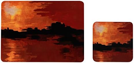 Indulje Luxury Seaside Sunset Placemat and Coaster, Hardboard, Orange/Red, Set of 4