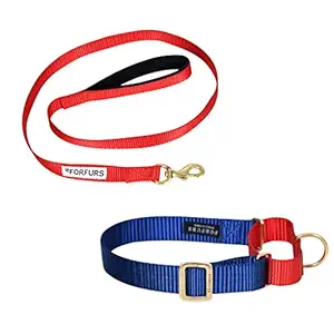 FORFURS Martingale Dog Collar and Leash Set - Large, Navy Blue X Tomato Red