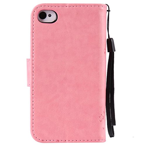 iPhone 4/4S Hülle Rosa im Retro Wallet Design,Cozy Hut iPhone 4/4S Hülle Leadertasche Premium Lederhülle Flip Case im Bookstyle Folio Cover Kartenfächer Magnetverschluss und Standfunktion Leder Schale Etui für iPhone 4/4S (3,5 Zoll) Handytasche Schutzhülle Katzen und Bäume Muster – rosa - 2