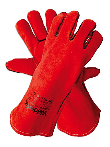 WelderTec 380 Profi MIG/MAG Schweißerhandschuh, Rinder-Leder Hitzehandschuh, komplett gefüttert, Premium Qualität, Typ A, Rot, Größe 10