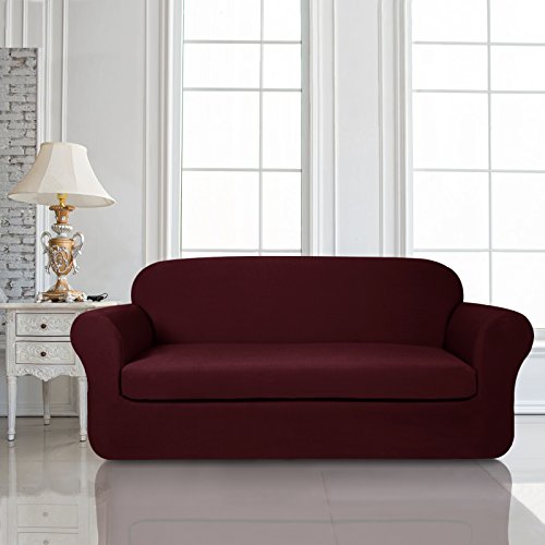 Subrtex 2-Sitzer Sofabezug Sofahusse Stretchhusse Sofaüberwurf Couchhusse Spannbezug (2-Sitzer Sofa, Dunkelrot) - 2