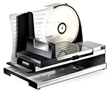 Vollmetall-Allesschneider mit freischwebender Konstruktion. Gehäuse, Boden-, Anschlagplatte und Schlitten aus Aluminium.