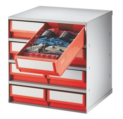 Schubladenmagazin, Gehäuse-Traglast 75 kg - HxBxT 395 x 380 x 300 mm, 8 Schubladen - Schubladen glasklar - Klarsichtmagazin Kleinteilemagazin Lagersystem Magazin Schubladenmagazin Schubladensystem