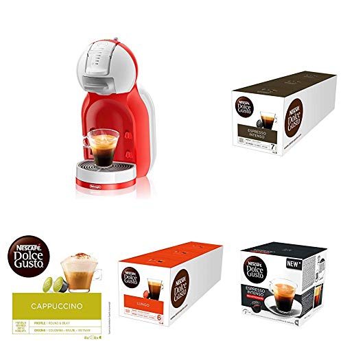 Pack De'longhi Dolce Gusto Mini Me EDG305.WR - Cafetera de cápsulas, 15 bares de presión, color blanco y rojo + 15 packs de café Dolce Gusto variado
