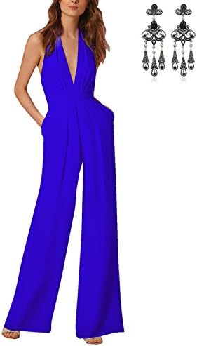 carinacoco Women Halterneck Backless Sleeveless Sexy Slim Elegant Casual Rompers Siamese Jumpsuit,Blue,Small