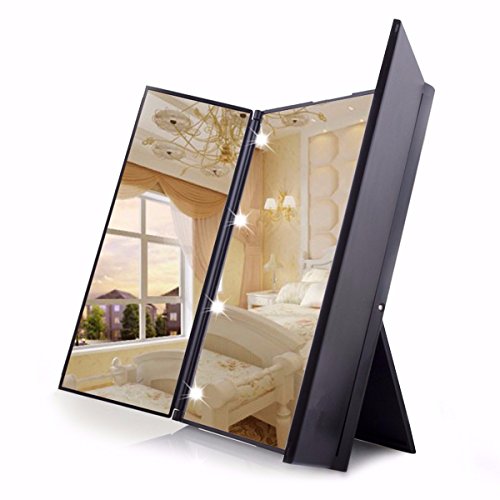 Kosmetikspiegel mit LED beleuchtung ,Charminer super helle 8 LEDs 3 Seite Tri-Fold Schminkspiegel, batteriebetrieben(Batterie nicht enthalten) Beleuchtet Makeup Spiegel,Badspiegel Ohne vergrößerung Reisespiegel Faltbare Beleuchtet Standspiegel