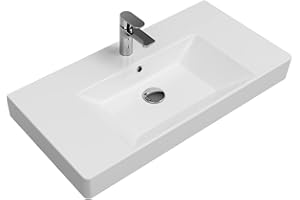 ‎AQUA BAGNO Aqua Bagno | Universal Waschbecken mit Ablage, modernes Keramikwaschbecken in Weiß, hängendes Waschbecken 90 cm breit