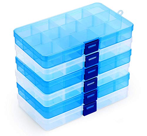 Lot de 6 Boîte de Rangement Plastique Bijoux,Boîte de Rangement Bijoux 15 Grilles Diviseurs à Compartiments Ajustables Organisateur de Bijoux Contenants de Rangement pour Bijoux,Boucles d'oreilles