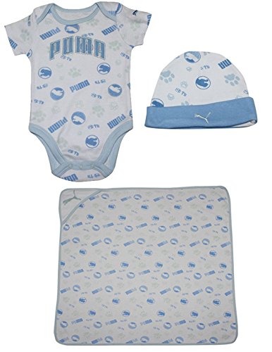 3 PCS SET Puma Baby Short Sleeve Romper, Cap & Hooded Receiving Blanket 6-9M White