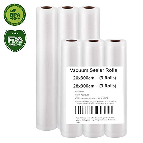 Bolsas de Vacío 6 Rollos 20x300cm y 28x300cm de Grado Comercial para el Ahorrador de Alimentos y Sous Vide Cocina, Aprobación de la FDA y BPA Free