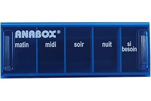 Anabox - Pilulier journalier 5 compartiments - Organisateur de médicaments quotidien Bleu Ciel - Cases Matin Midi Soir Nuit + Urgence - Système sécurisé - Lavable lave-vaisselle